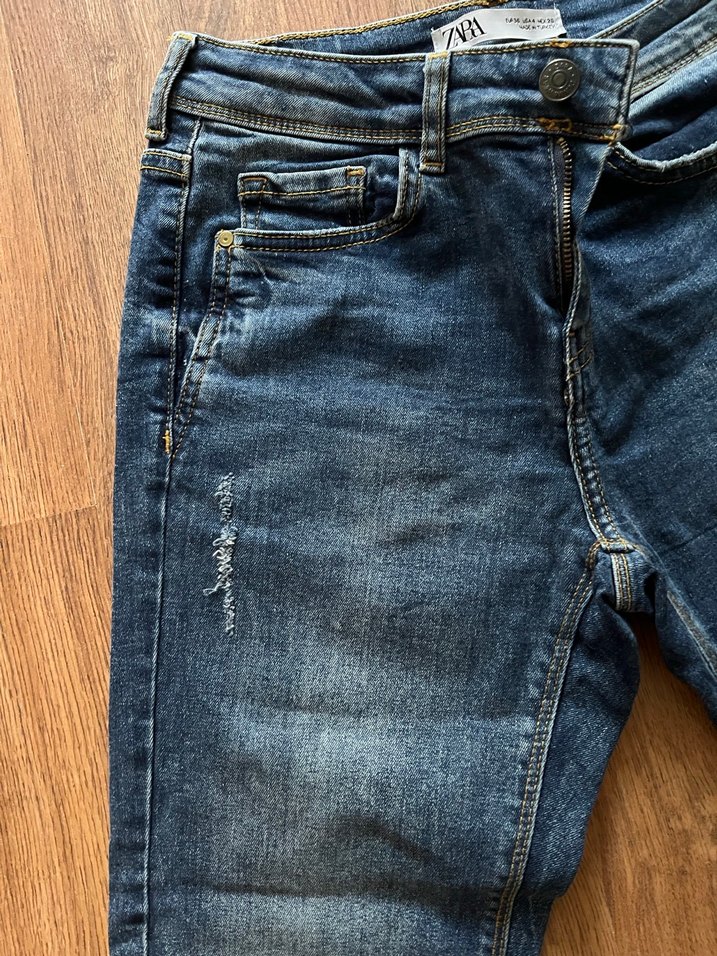 ZARA Kadın Parlak Mavi Bol Kesim Midi Denim Pantolon - Görsel 4