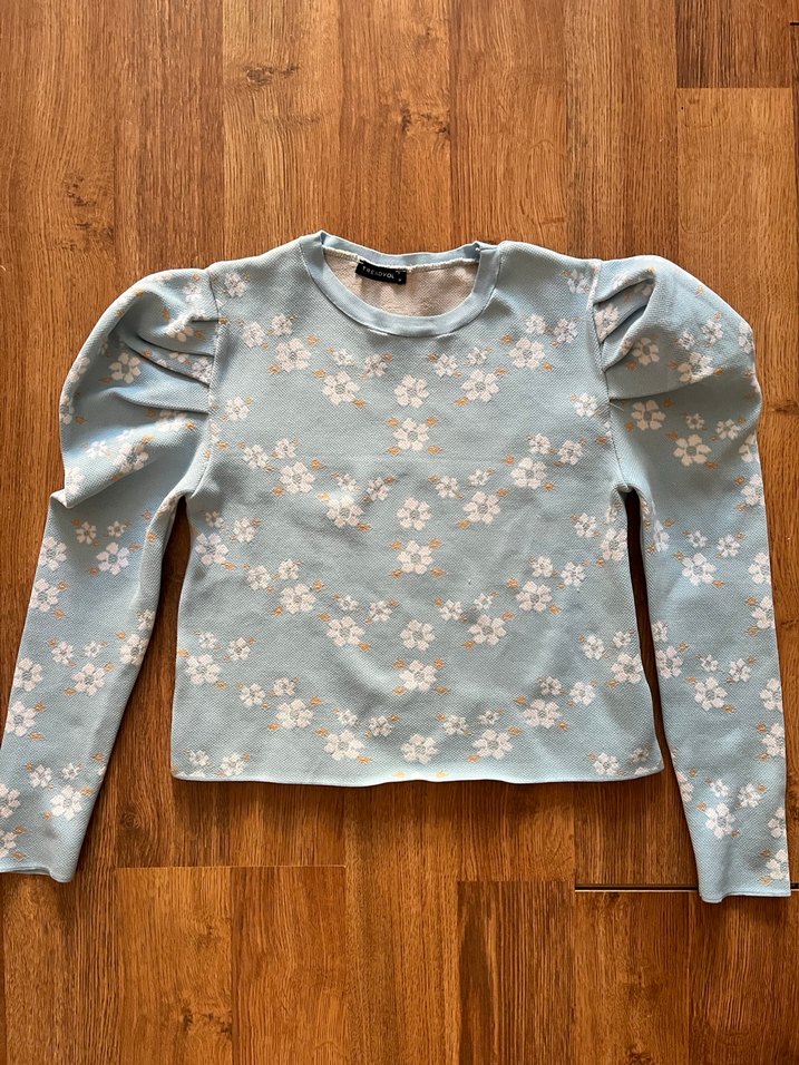 Trendyol Çiçek Desenli Açık Mavi Karpuz Kollu Krop Bluz - Görsel 4