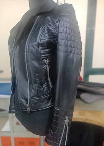 Kadın Siyah Deri Biker Ceket - Görsel 2