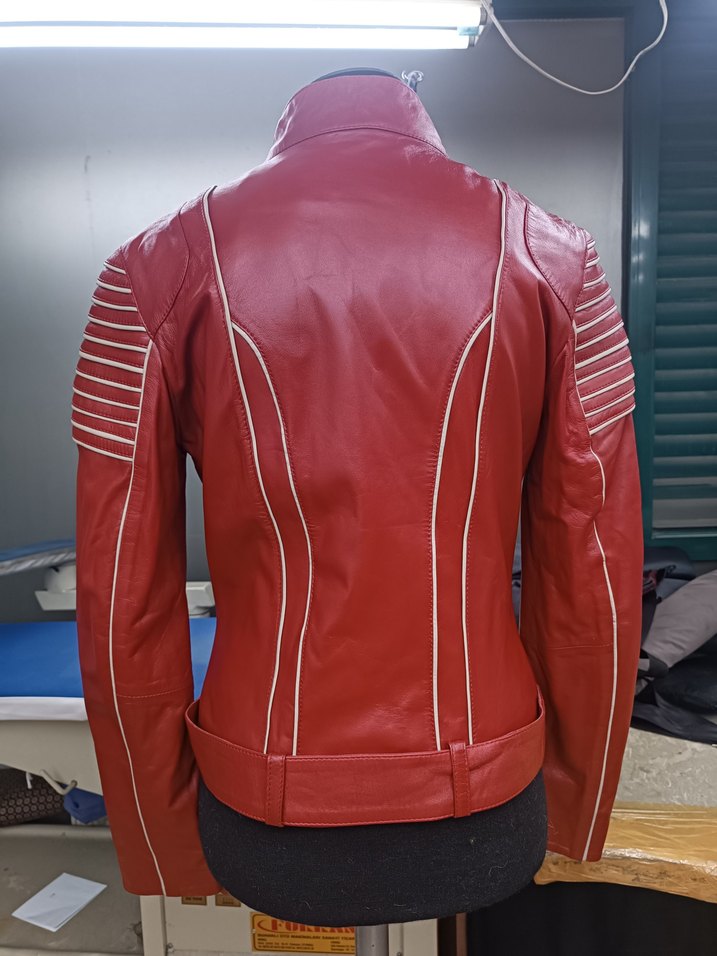 Kemerli Kırmızı Kadın hakiki Deri Biker Ceket - Görsel 2