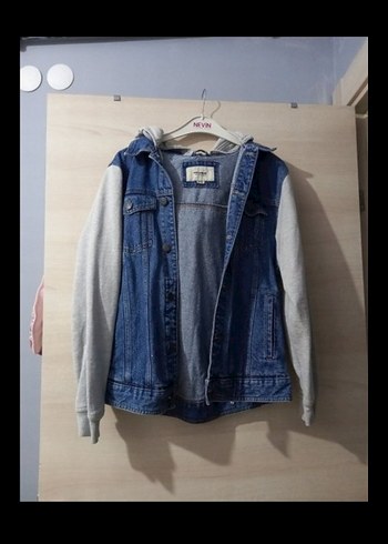 Gri Kapişonlu Denim Ceket - Görsel 8
