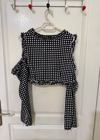 Viadellerose Kadın Siyah Kareli Fırfırlı  crop Bluz - Görsel 4