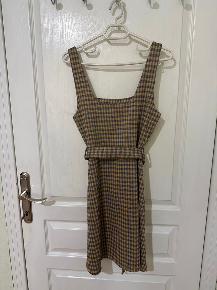 Topshop Kahverengi Kareli Midi Elbise - Görsel 4