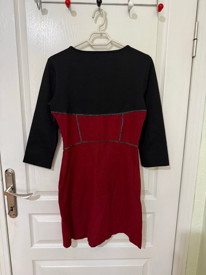 Ole koton Bordo Siyah Düğmeli Midi Elbise - Görsel 4