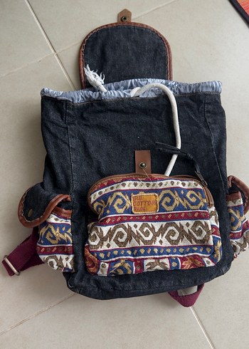 American Vintage Etnik Desenli Koyu Mavi Denim Sirt Cantasi