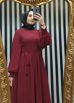 Bordo Şifon Elbise 