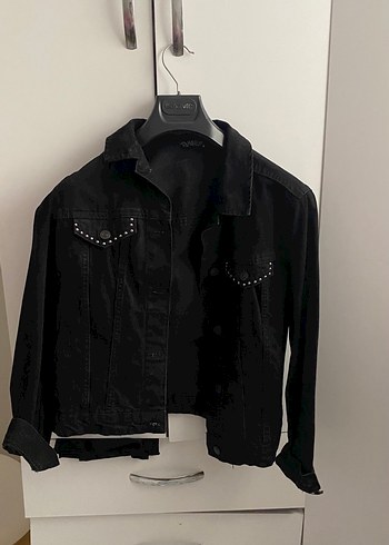 Düğmeli Siyah Kadın Denim Ceket