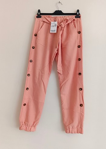 Düğmeli Pembe Pamuklu Kadın Harem Pantolon