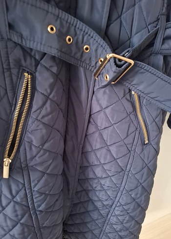 Kemerli Lacivert Uzun Kadın Mont - Görsel 7