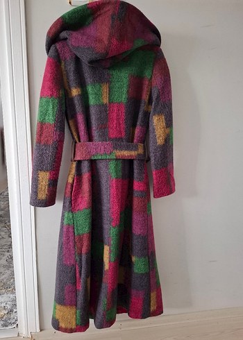 38 beden Uzun, Düğmeli Çok Renkli Yün Kadın Kaban - Görsel 6