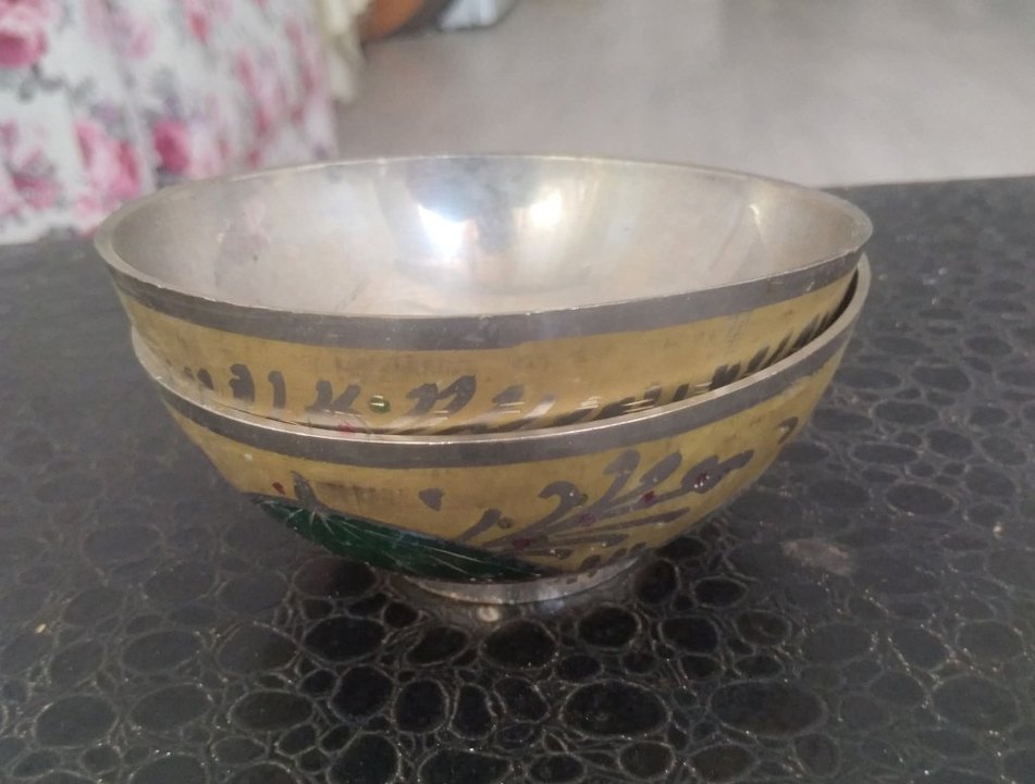 Sarı İşlemeli Parlak Çelik Kase Pirinç tas - Görsel 2