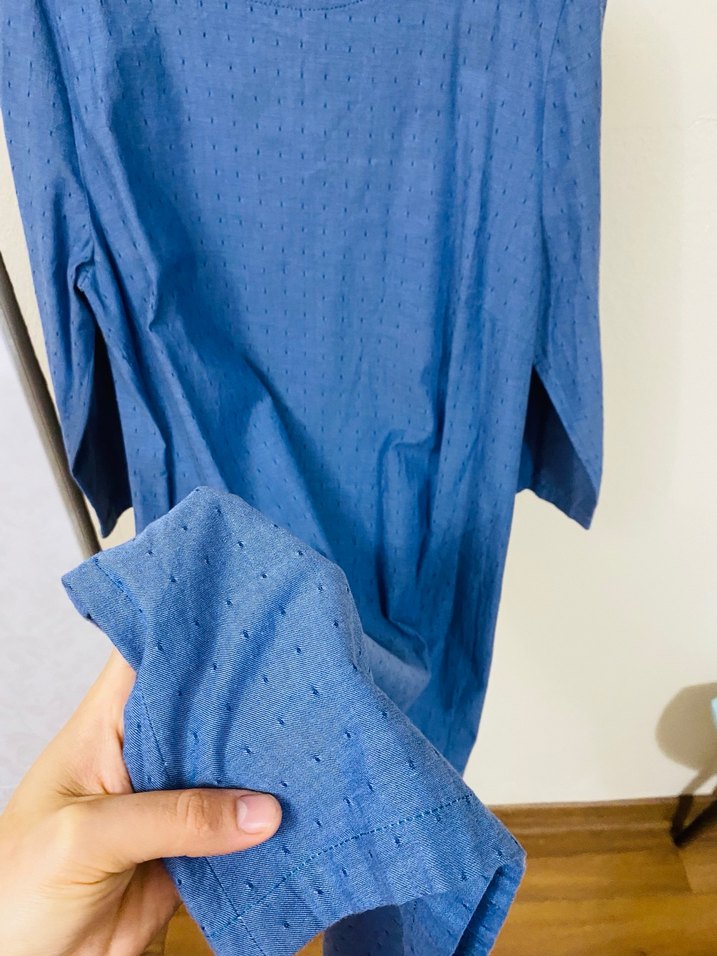 Mavi Pamuklu Düğmeli Elbise - Görsel 4