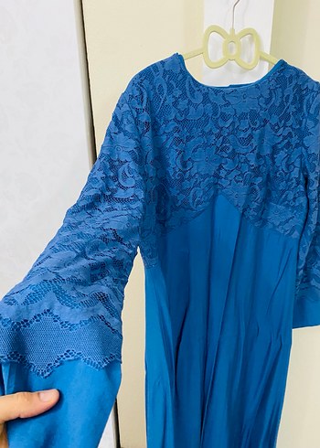 Uzun Kollu Mavi Vintage Kadın Elbise - Görsel 2