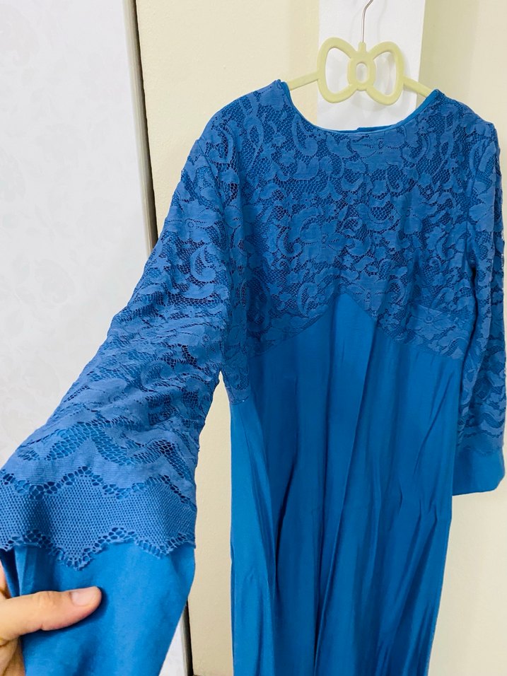 Uzun Kollu Mavi Vintage Kadın Elbise - Görsel 2