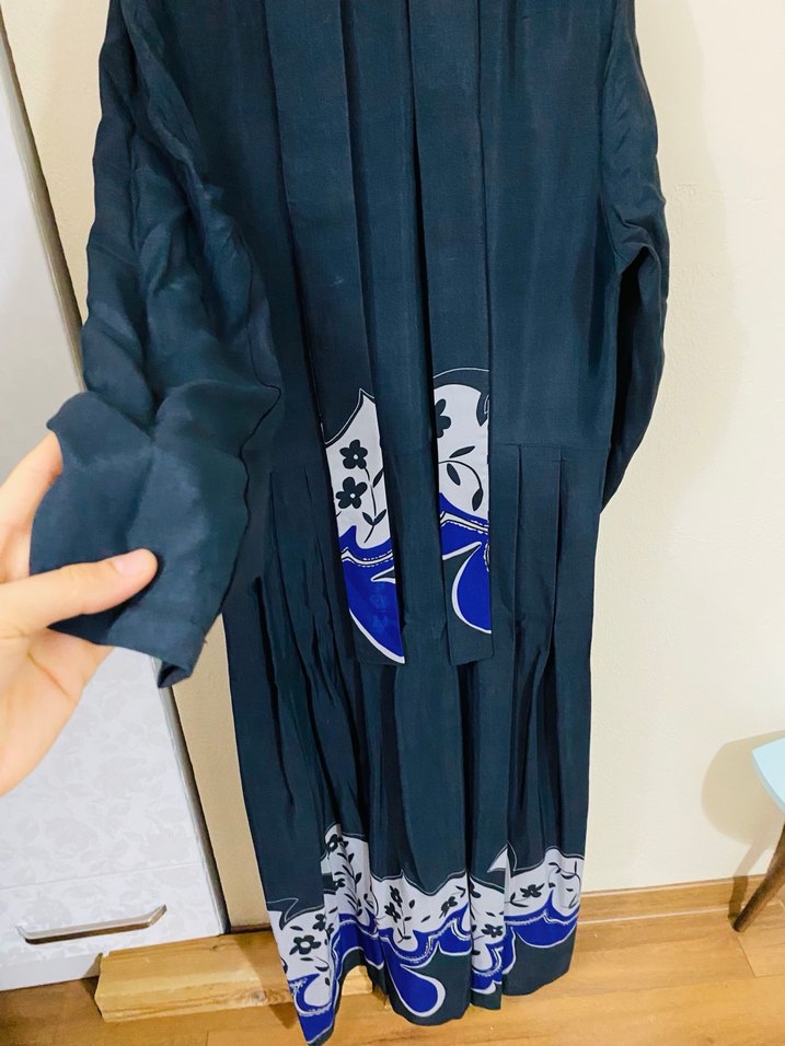 Uzun Mavi Desenli Kadın Elbise - Görsel 5