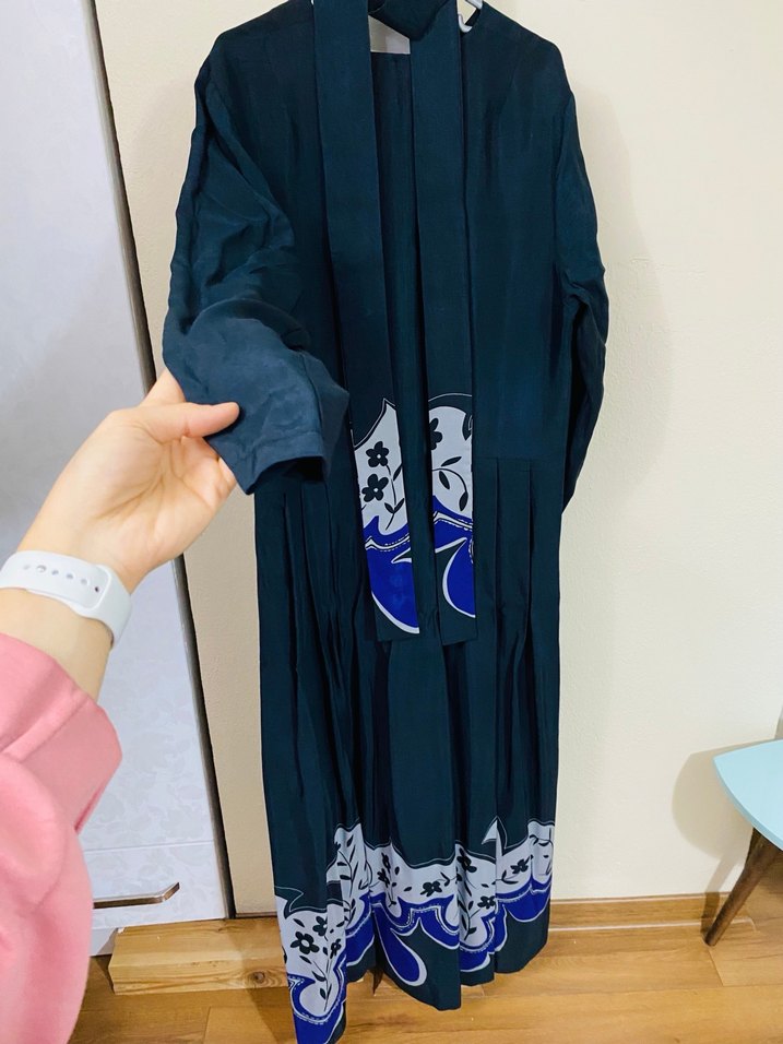 Uzun Mavi Desenli Kadın Elbise - Görsel 2