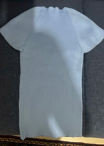 Robin V Yakalı Kısa Kollu Mavi Triko Mini bluz