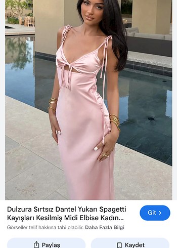 Pembe Saten Uzun Askılı V Yaka Elbise