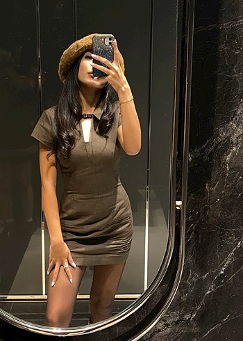 Zara V Yaka Kısa Kollu Deri Mini Elbise