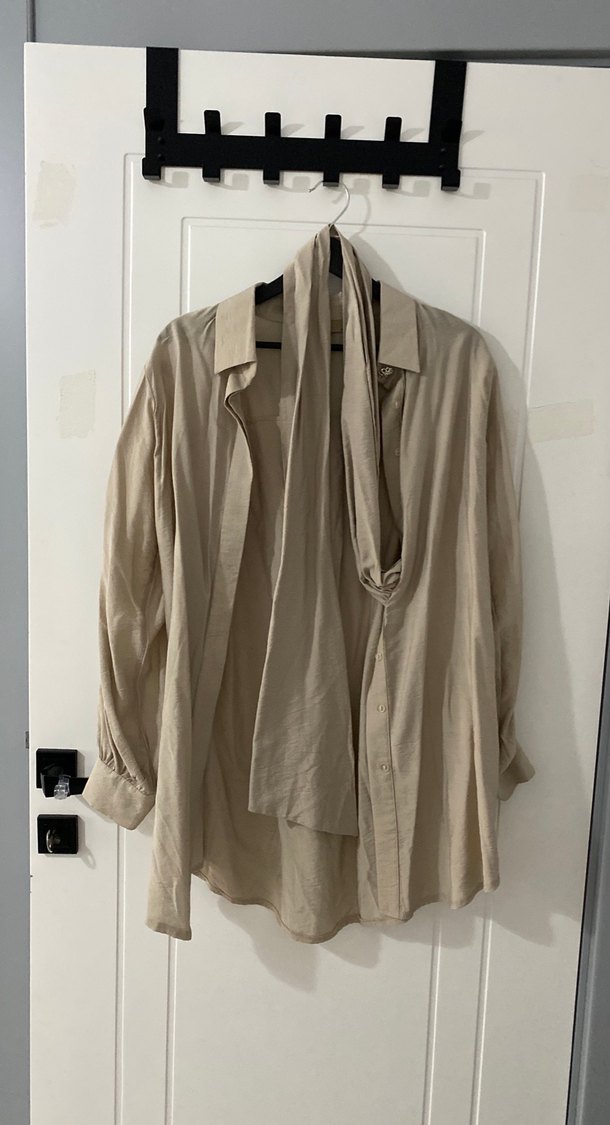 Bej pamuk Salaş Uzun Kollu Gömlek - Görsel 2