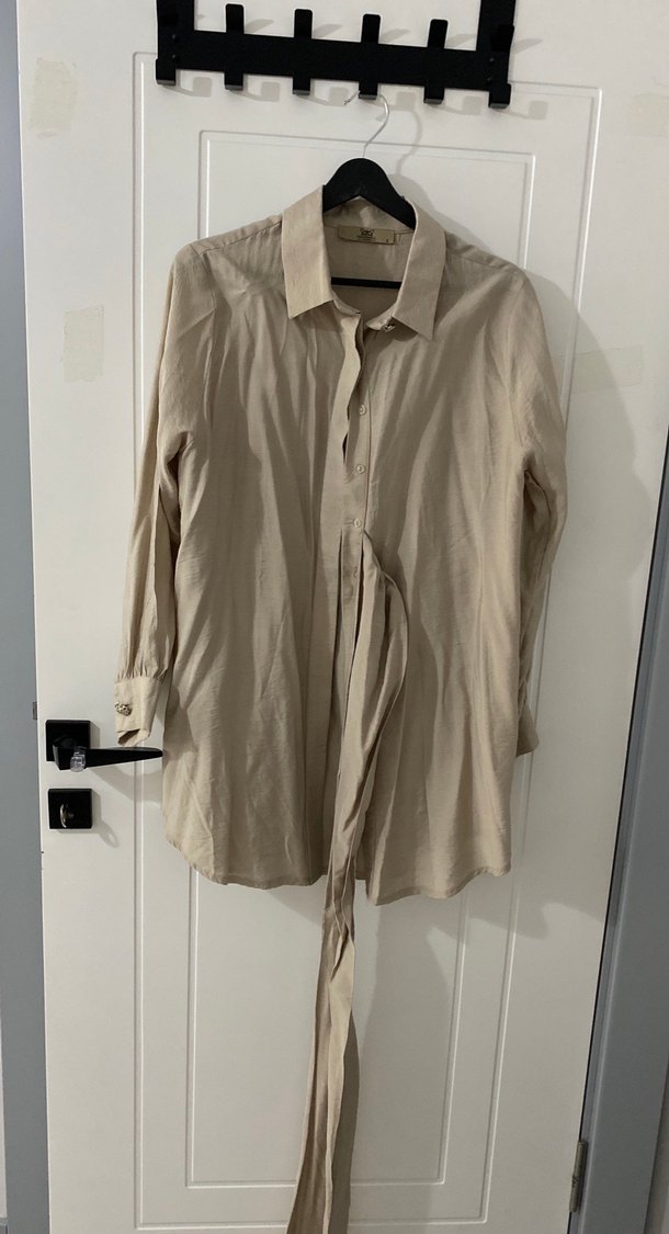 Bej pamuk Salaş Uzun Kollu Gömlek - Görsel 5