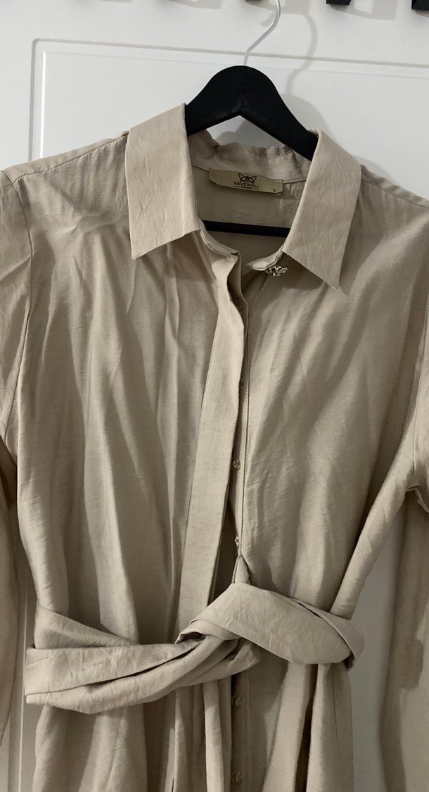 Bej pamuk Salaş Uzun Kollu Gömlek - Görsel 4