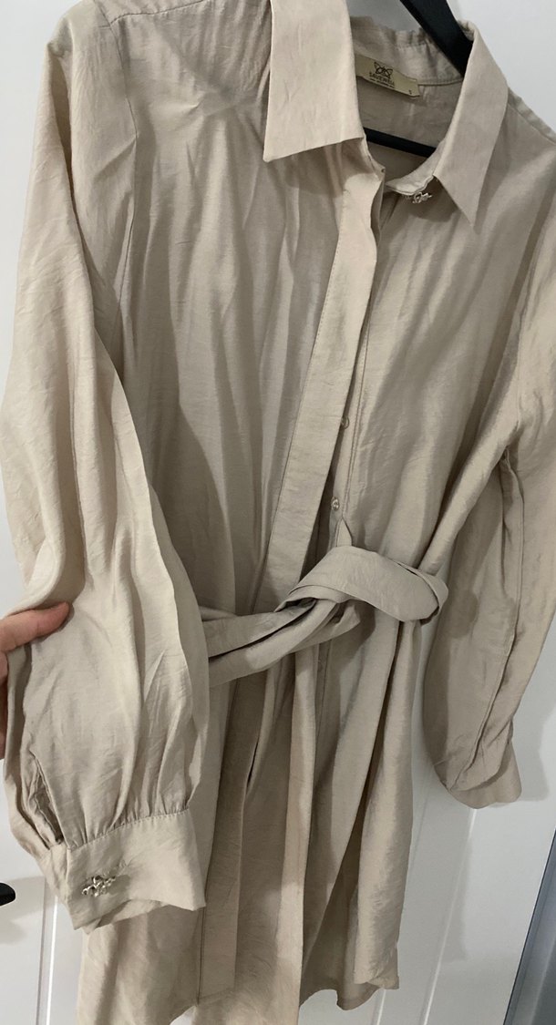 Bej pamuk Salaş Uzun Kollu Gömlek - Görsel 3