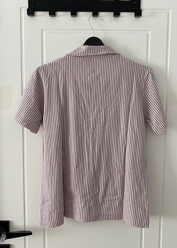 Pudra pembe - Gri Çizgili Kısa Kollu pamuk pijama takımı - Görsel 5