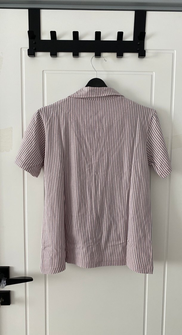 Pudra pembe - Gri Çizgili Kısa Kollu pamuk pijama takımı - Görsel 5