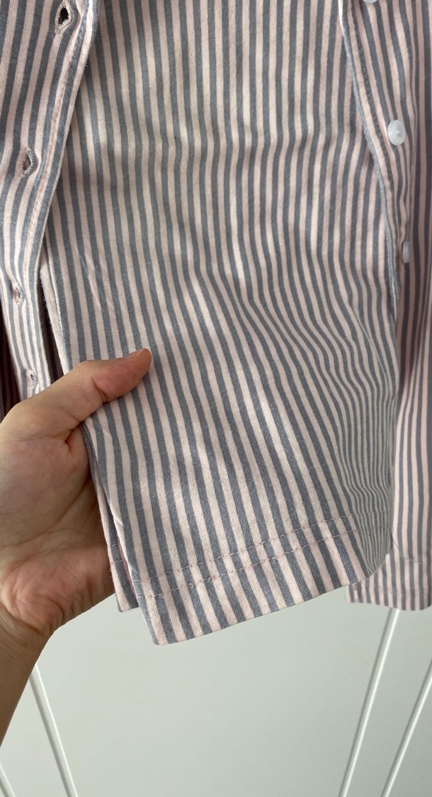 Pudra pembe - Gri Çizgili Kısa Kollu pamuk pijama takımı - Görsel 4