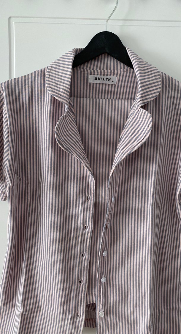 Pudra pembe - Gri Çizgili Kısa Kollu pamuk pijama takımı - Görsel 2