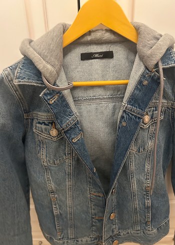 Düğmeli Gri Denim Ceket Kapüşonlu - Görsel 2