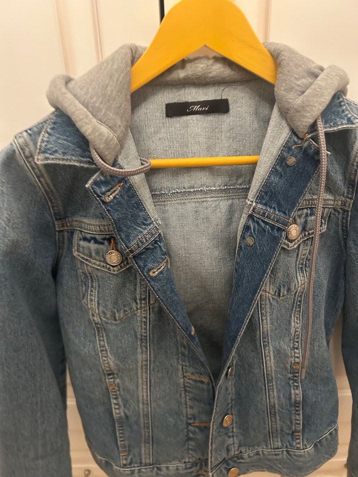 Düğmeli Gri Denim Ceket Kapüşonlu - Görsel 2