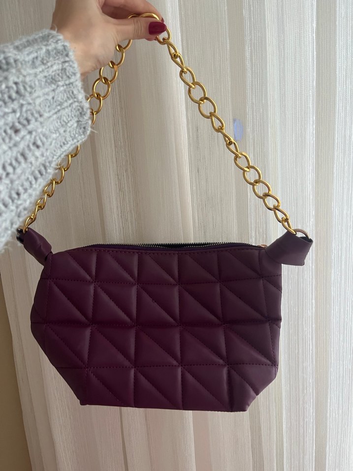 Zincir Detaylı Mor Deri Kadın El Çantası - Görsel 2