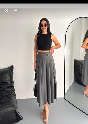 Kadın Gri Uzun Kemerli Etek - Görsel 3