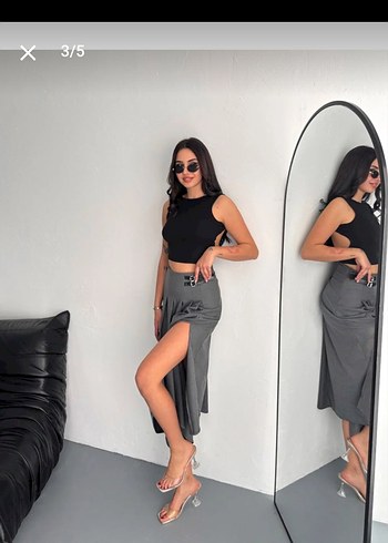 Kadın Gri Uzun Kemerli Etek - Görsel 2