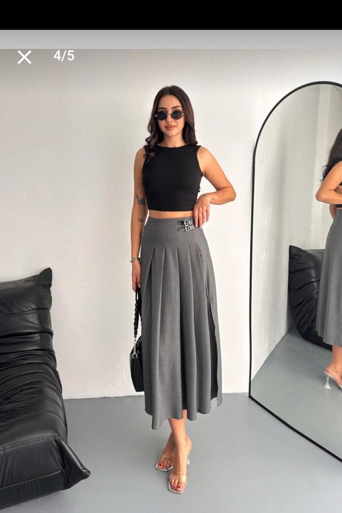 Kadın Gri Uzun Kemerli Etek - Görsel 3