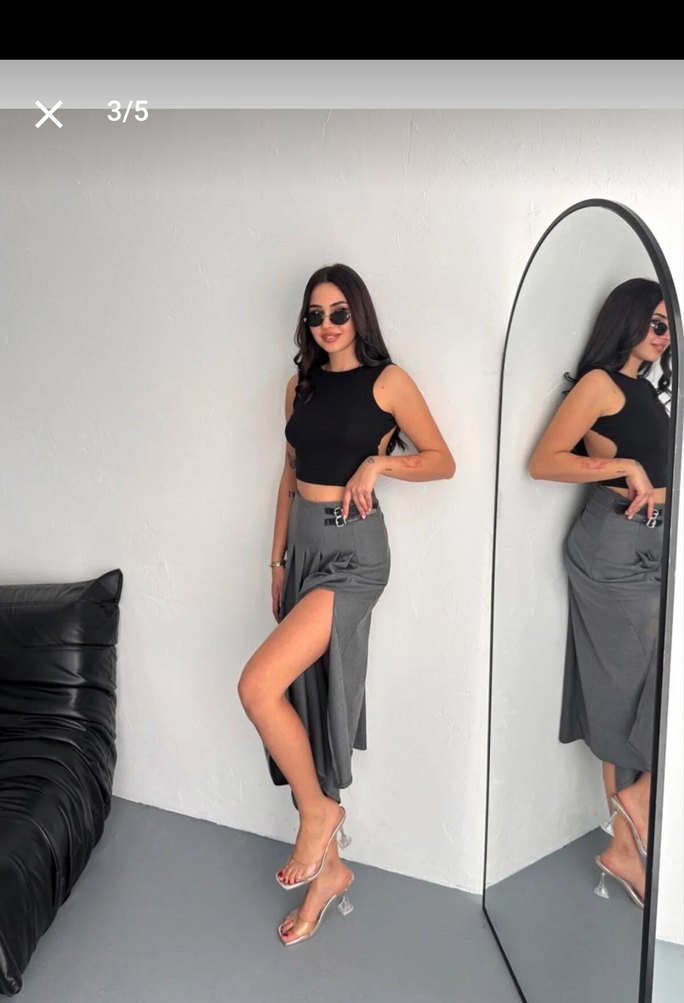 Kadın Gri Uzun Kemerli Etek - Görsel 2