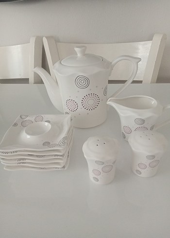 Beyaz Gri Puantiyeli Çağdaş Porselen Çay Seti - Görsel 4