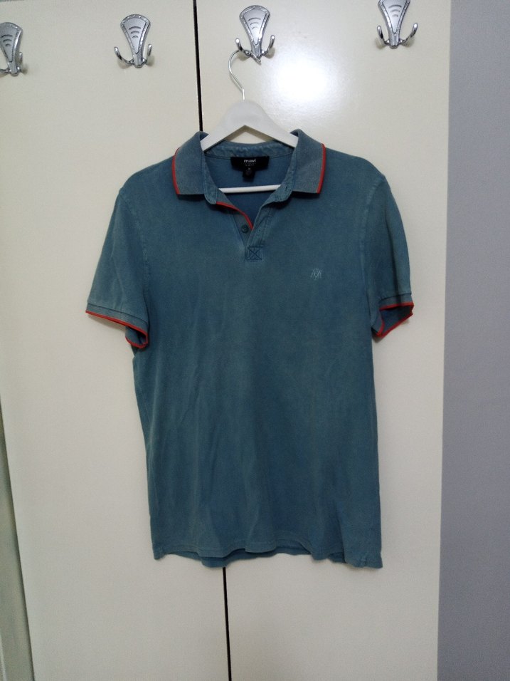 Düğmeli Kısa Kollu Denim Polo Tişört - Görsel 3