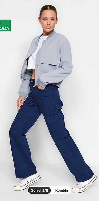 36 Beden Lacivert kargo cepli yüksek bel jeans