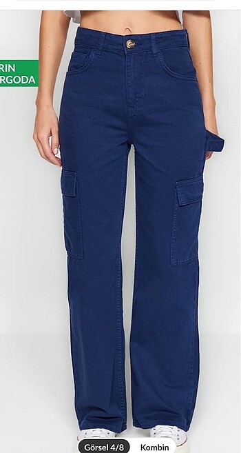 Lacivert kargo cepli yüksek bel jeans
