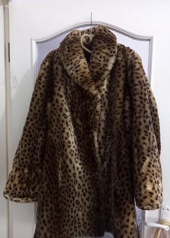 xxl Beden kahverengi Renk Leopar Desenli Midi Suni Peluş Kürk Kaban