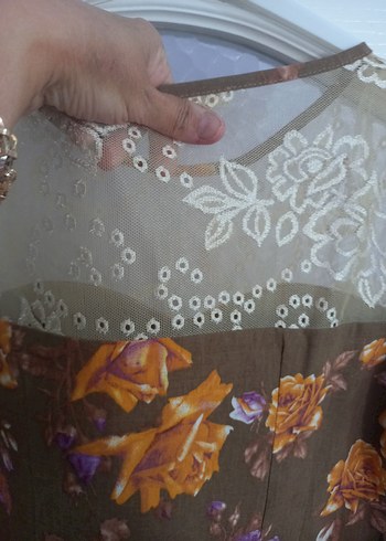 Dantel Detaylı Bej Çiçekli Bohem Elbise - Görsel 6