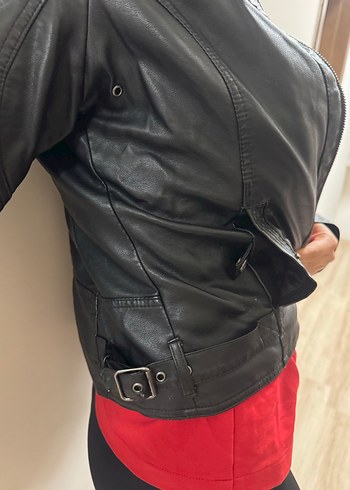 Siyah Deri Biker Ceket Kadın - Görsel 4