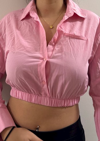 Pembe Düğmeli Uzun Kollu Crop Gömlek - Görsel 2