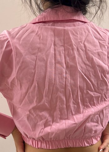 Pembe Düğmeli Uzun Kollu Crop Gömlek - Görsel 3