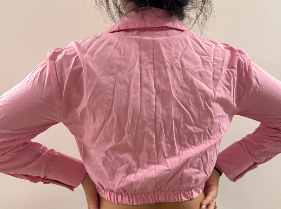 Pembe Düğmeli Uzun Kollu Crop Gömlek - Görsel 3
