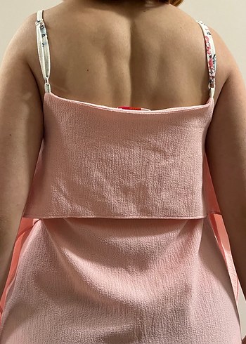 Pembe Keten Midi Elbise, Askılı, Salaş - Görsel 4