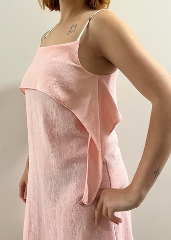 Pembe Keten Midi Elbise, Askılı, Salaş - Görsel 3